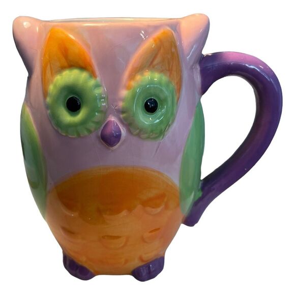 Retro Owl Coffee Mug Purple Pink Green Orange Bright Colorful Kitchy - Picture 1 of 4